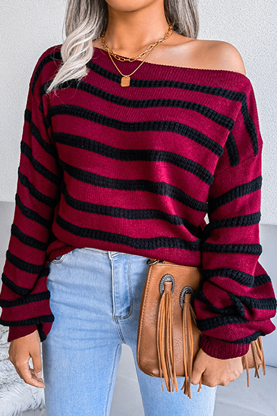 Striped Patchwork Contrast Off the Shoulder Sweaters(3 Colors)