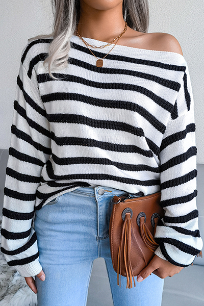 Striped Patchwork Contrast Off the Shoulder Sweaters(3 Colors)