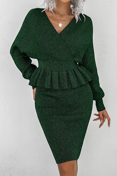 Split Joint Flounce V Neck Long Sleeve Two Pieces