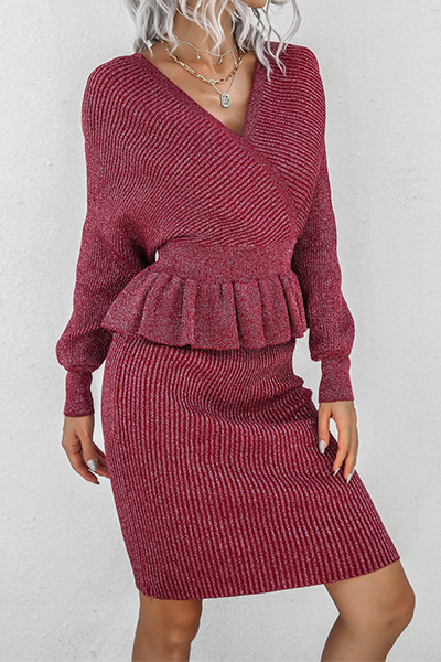 Split Joint Flounce V Neck Long Sleeve Two Pieces