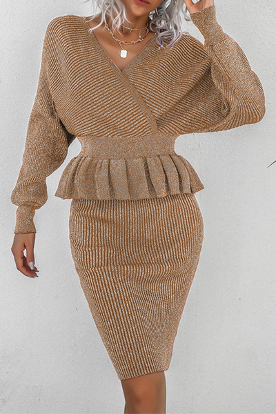 Split Joint Flounce V Neck Long Sleeve Two Pieces