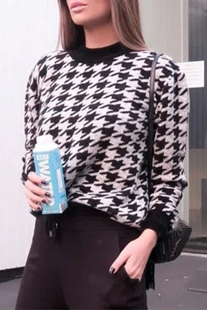 Street Geometric Patchwork Contrast O Neck Tops Sweater