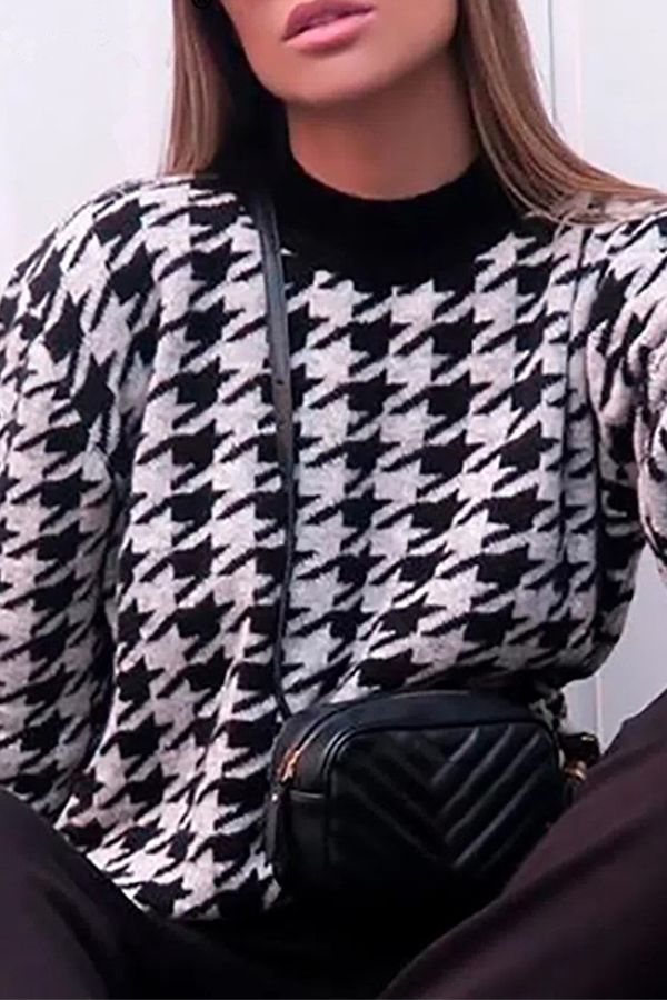 Street Geometric Patchwork Contrast O Neck Tops Sweater