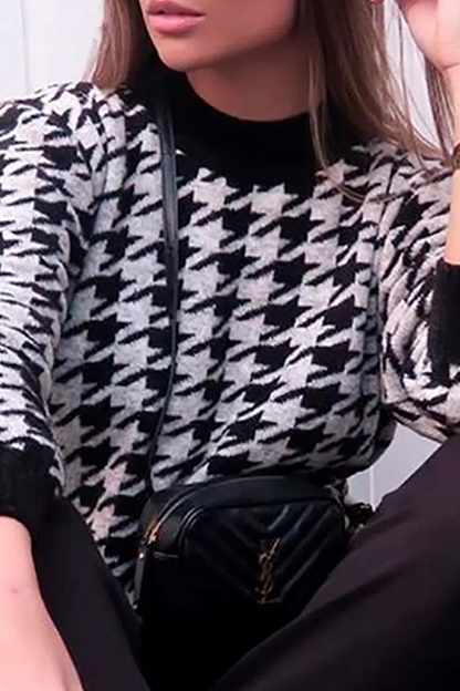 Street Geometric Patchwork Contrast O Neck Tops Sweater