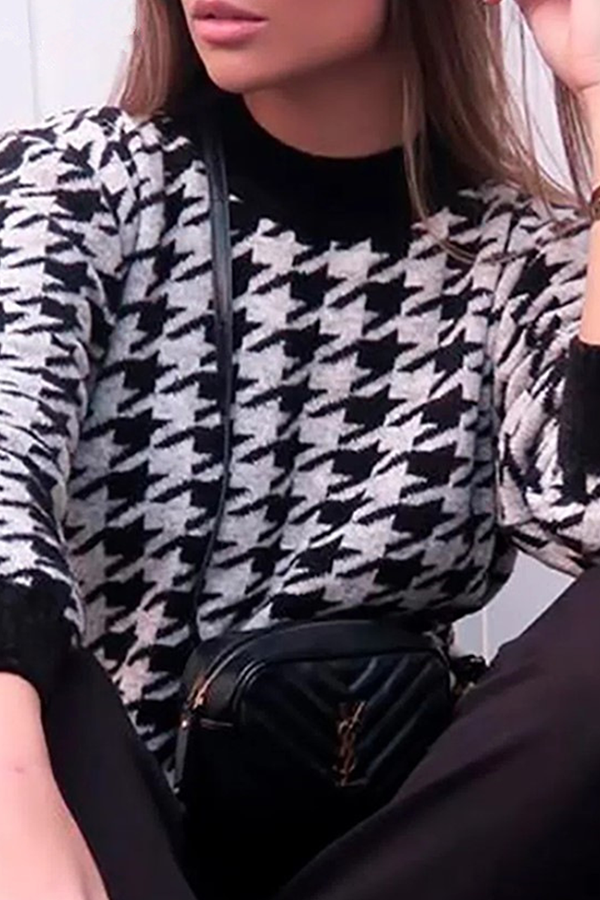 Street Geometric Patchwork Contrast O Neck Tops Sweater