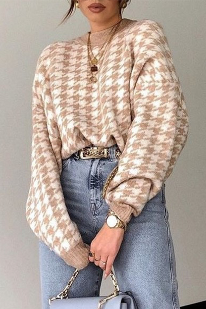 Street Geometric Patchwork Contrast O Neck Sweater(3 Colors)