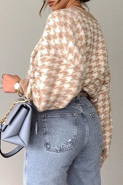 Street Geometric Patchwork Contrast O Neck Tops Sweater