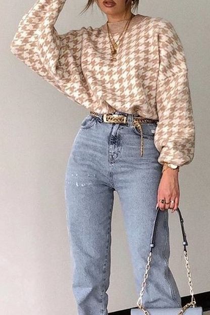 Street Geometric Patchwork Contrast O Neck Tops Sweater