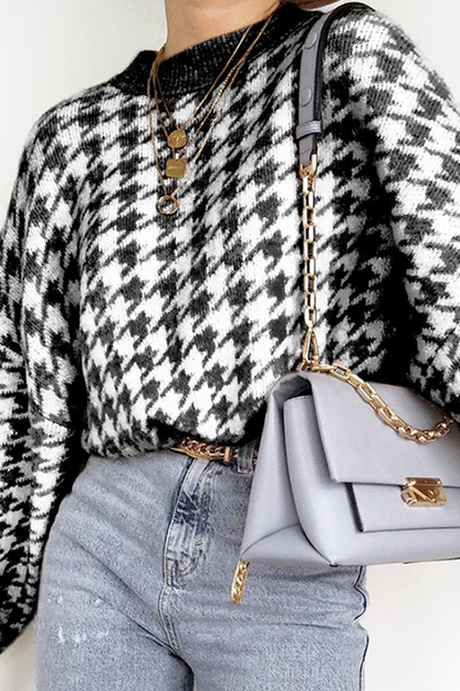 Street Geometric Patchwork Contrast O Neck Tops Sweater