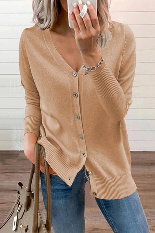 Patchwork Buckle V Neck Tops Sweater(12 Colors)
