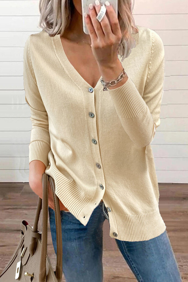 Patchwork Buckle V Neck Tops Sweater(12 Colors)