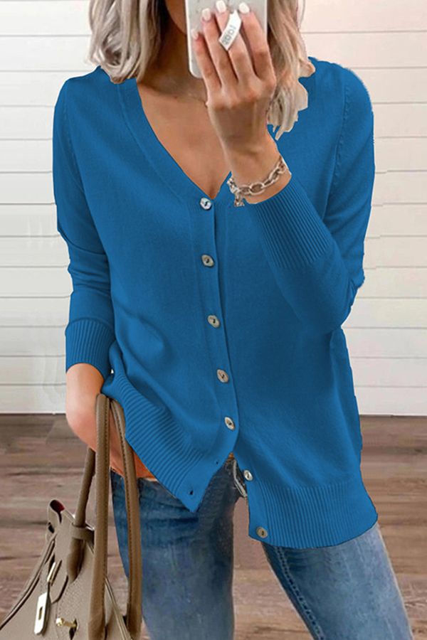 Patchwork Buckle V Neck Tops Sweater(12 Colors)
