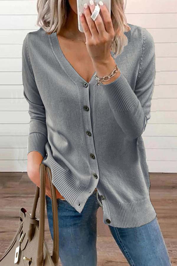 Patchwork Buckle V Neck Tops Sweater(12 Colors)