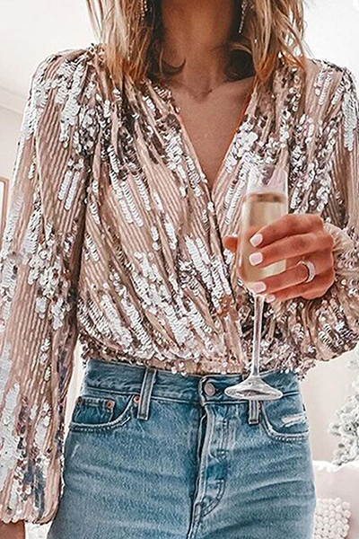 Patchwork Fold Sequins V Neck Blouses