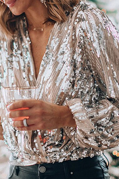Patchwork Fold Sequins V Neck Blouses
