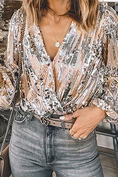 Patchwork Fold Sequins V Neck Blouses