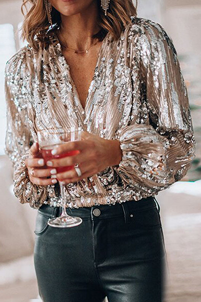 Patchwork Fold Sequins V Neck Blouses