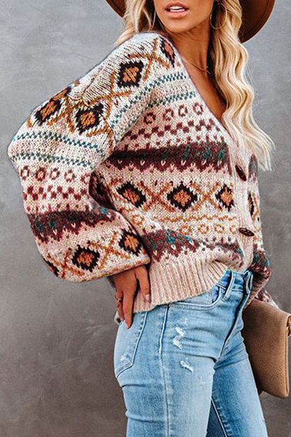 Geometric Patchwork Buckle V Neck Outerwear Sweater