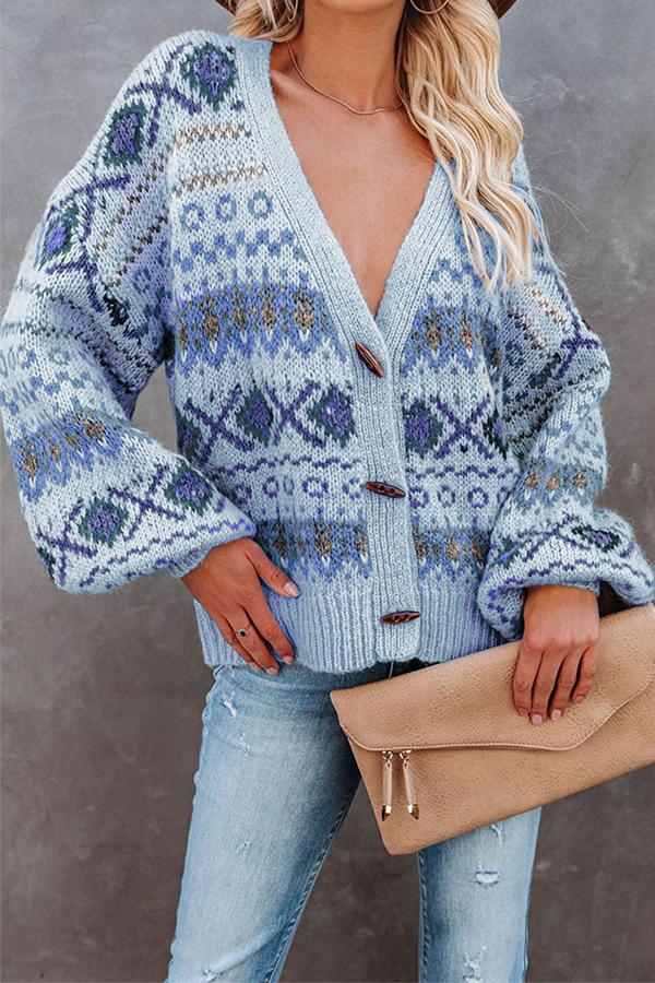 Geometric Patchwork Buckle V Neck Outerwear Sweater