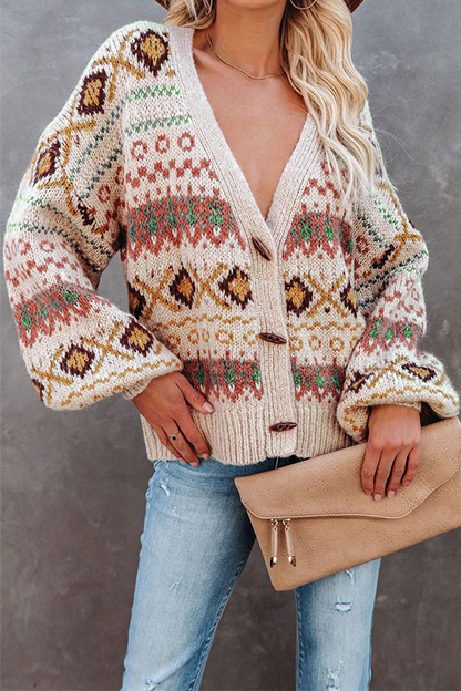 Geometric Patchwork Buckle V Neck Outerwear Sweater