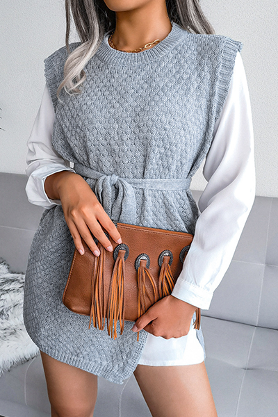 Slit With Belt O Neck Tops Sweater