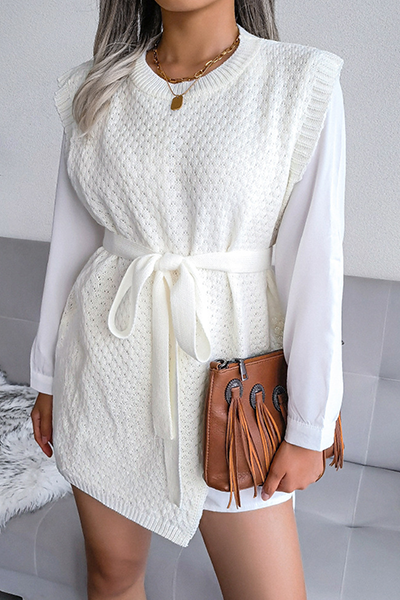 Slit With Belt O Neck Tops Sweater
