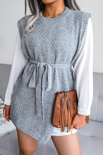 Slit With Belt O Neck Tops Sweater