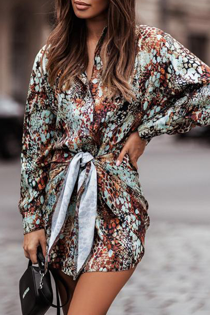 Print Buckle Strap Design Turndown Collar Waist Skirt Dresses(4 Colors)