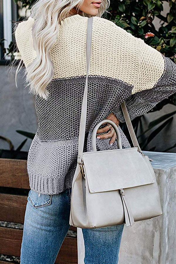 Patchwork Basic Contrast O Neck Tops Sweater