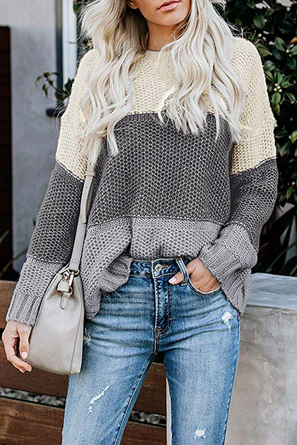 Patchwork Basic Contrast O Neck Tops Sweater