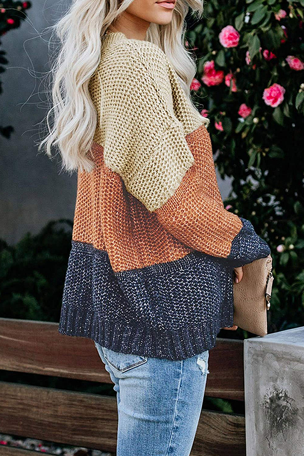 Patchwork Basic Contrast O Neck Tops Sweater