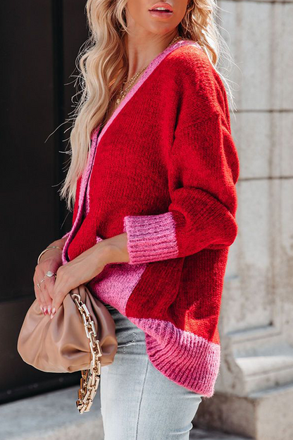 Patchwork Pocket Buckle Contrast V Neck Outerwear Sweater