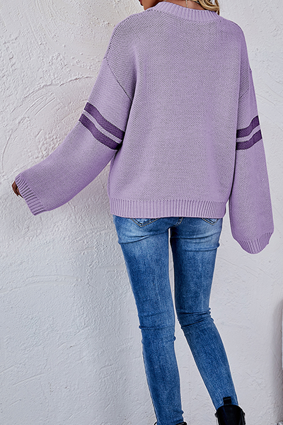 Striped Patchwork Contrast O Neck Tops Sweater