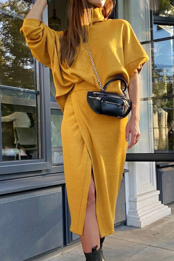 Street Split Joint Slit Turtleneck Long Sleeve Two Pieces