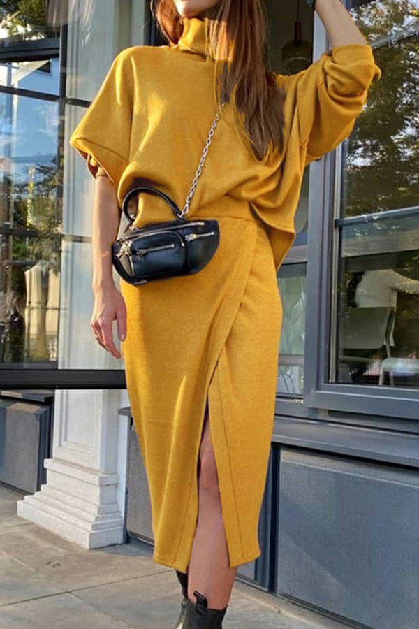 Street Split Joint Slit Turtleneck Long Sleeve Two Pieces