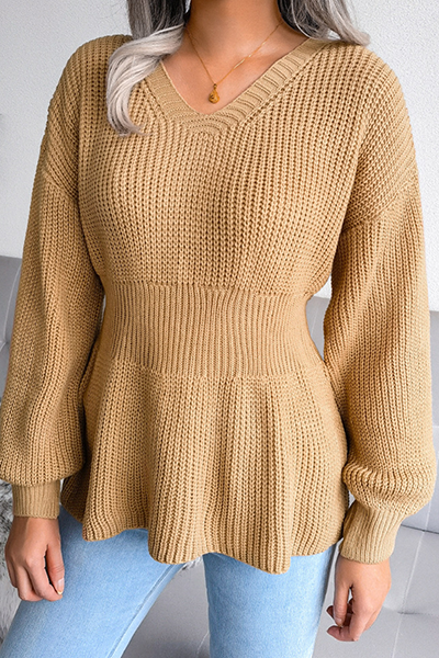 Patchwork Flounce V Neck Sweaters(3 Colors)