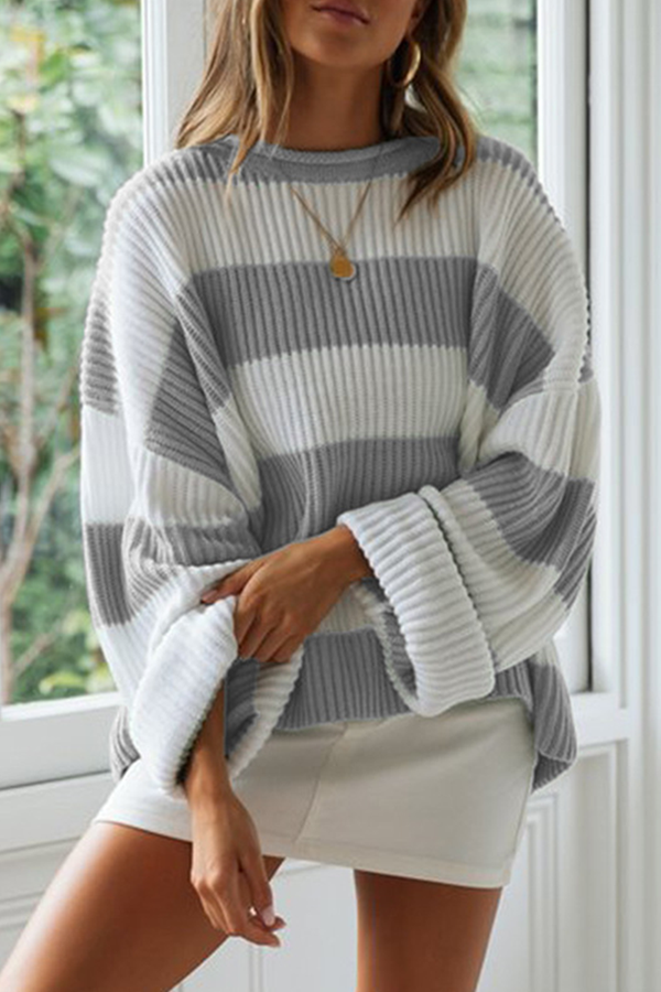Striped Split Joint Contrast O Neck Tops Sweater（5 Colors）
