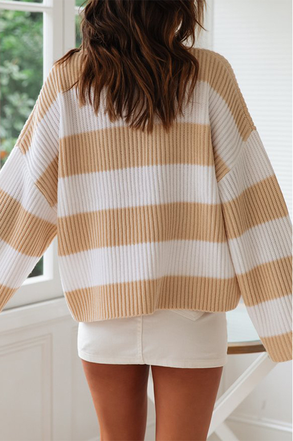 Striped Split Joint Contrast O Neck Tops Sweater（5 Colors）