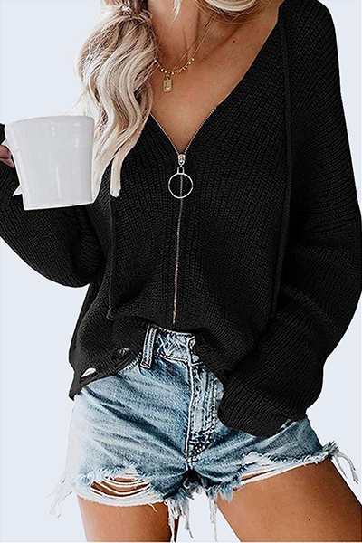 Street Ripped Draw String Zipper Hooded Collar Sweater(6 Colors)
