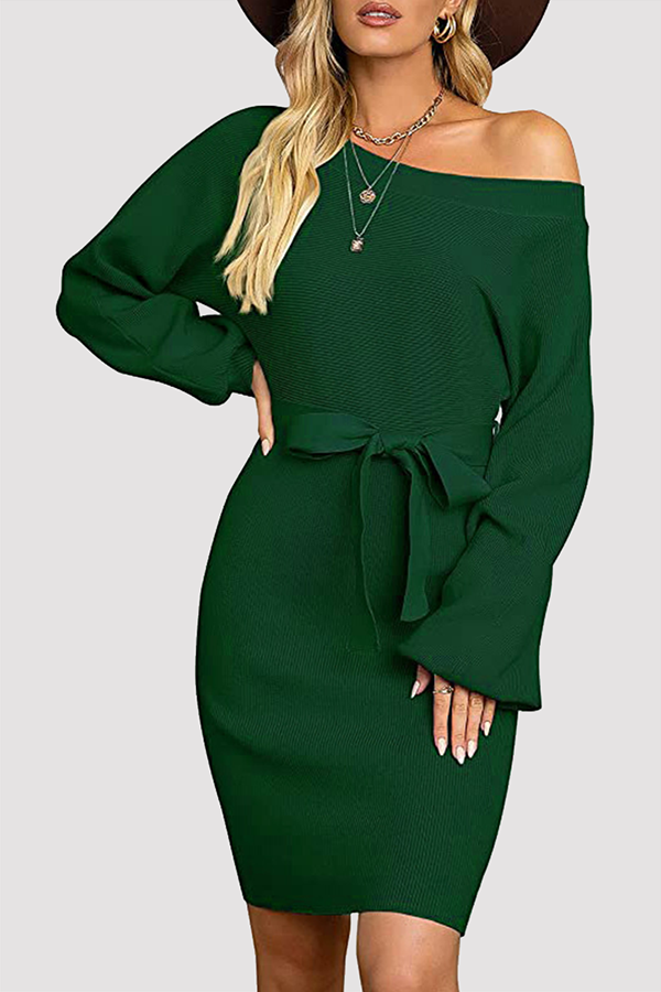 Patchwork With Belt Oblique Collar Wrapped Skirt Dresses