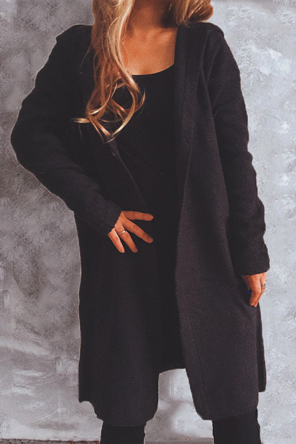 Buttons Basic Hooded Collar Outerwear Sweater