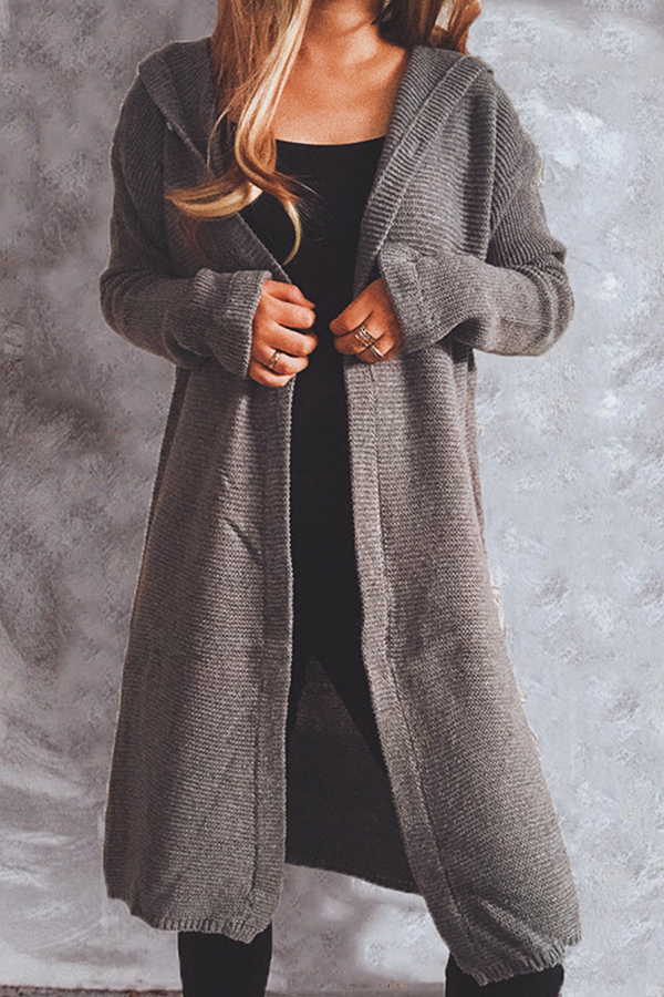 Buttons Basic Hooded Collar Outerwear Sweater