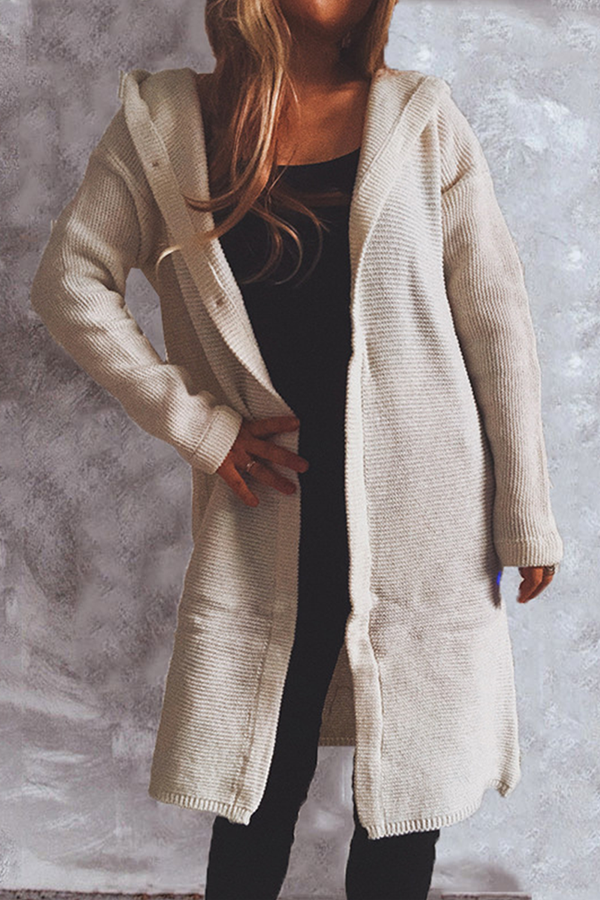 Buttons Basic Hooded Collar Outerwear Sweater