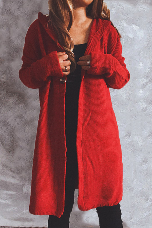 Buttons Basic Hooded Collar Outerwear Sweater