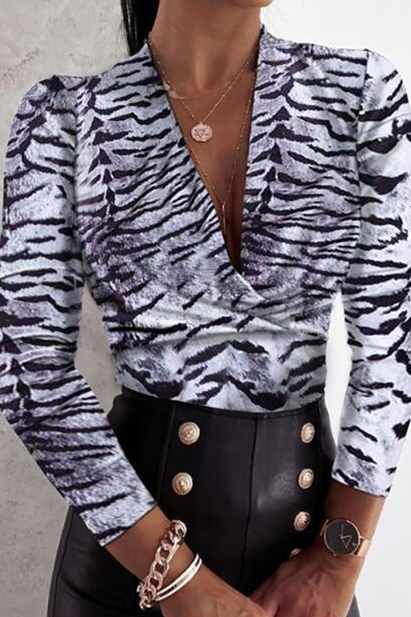 Print Patchwork Fold V Neck Blouses(4 Colors)