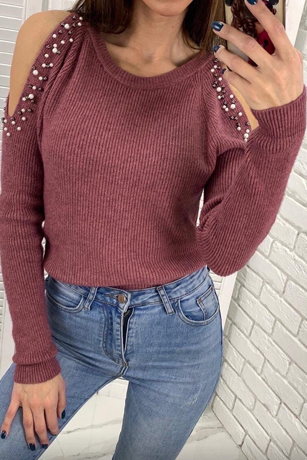 Beading U Neck Tops Sweater(8 Colors)
