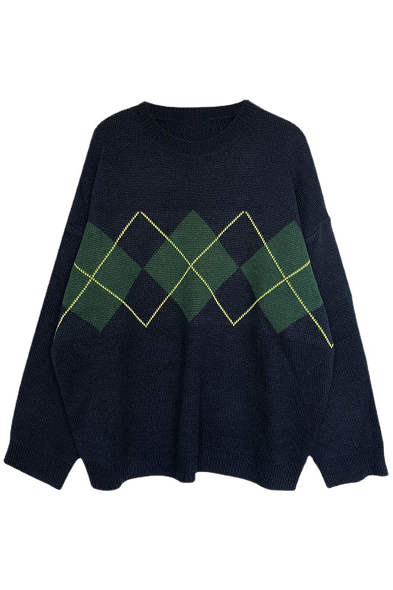 Geometric Patchwork Contrast O Neck Tops Sweater(3 Colors)