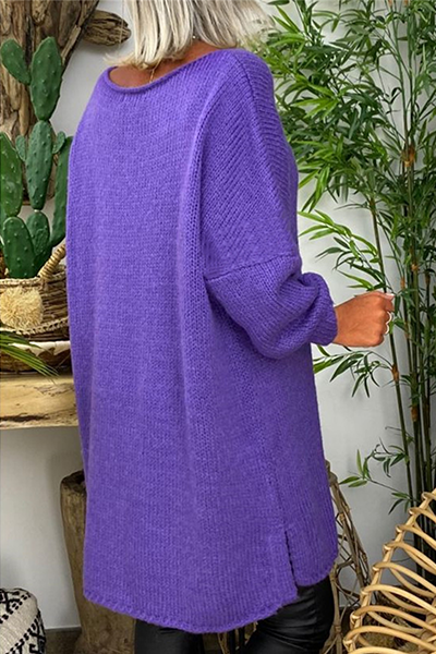 Patchwork Slit O Neck Tops Sweater