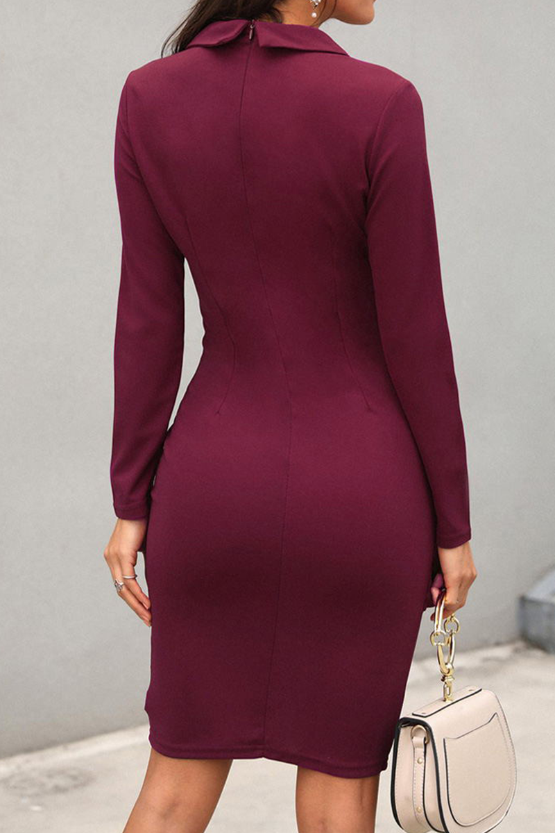 Patchwork Buckle Turn-back Collar Wrapped Skirt Dresses(4 Colors)