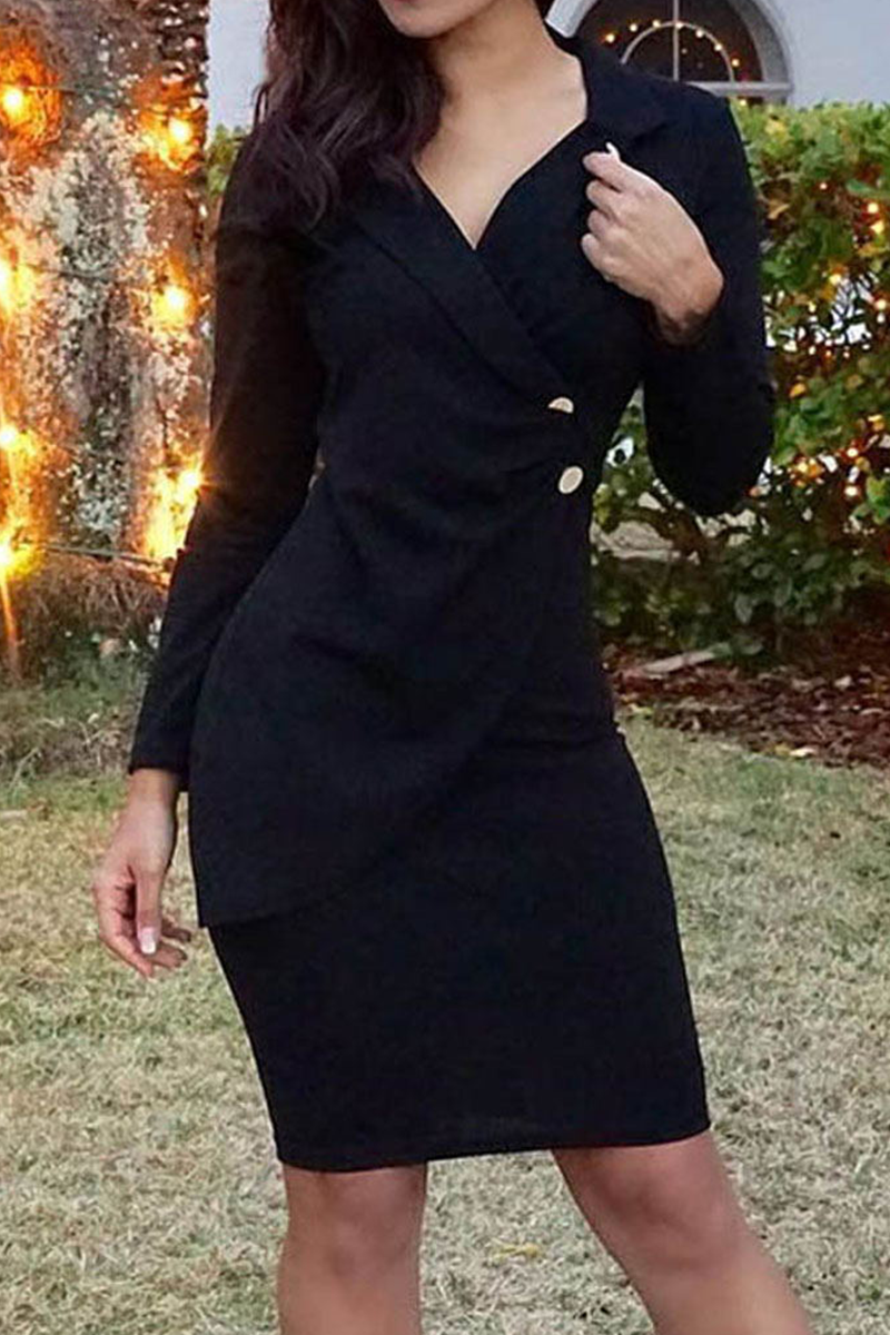 Patchwork Buckle Turn-back Collar Wrapped Skirt Dresses(4 Colors)